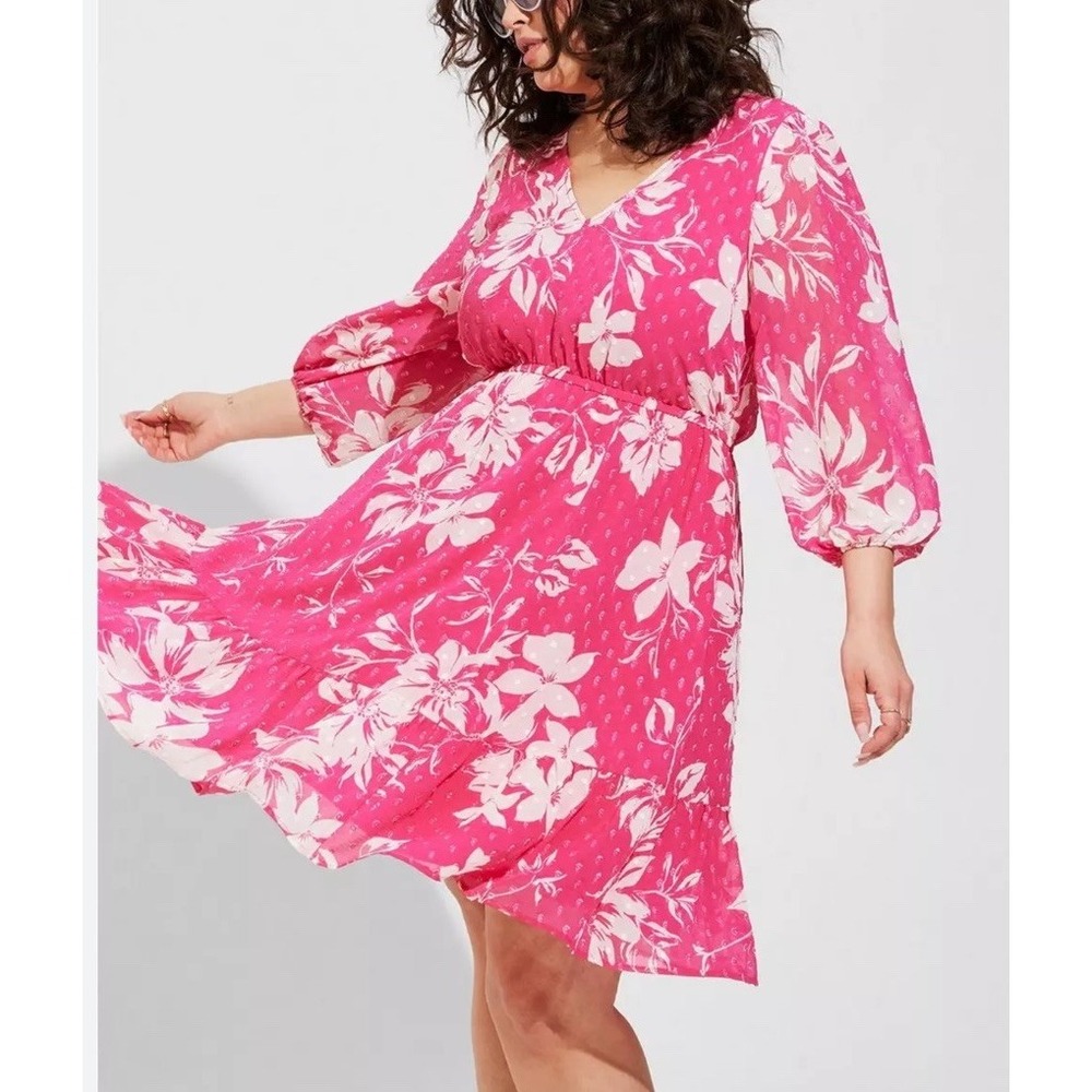Torrid Plus Size‎ 3 Hot Pink Clip Dot Tropical Floral Mini Babydoll V Neck Dress - Picture 7 of 11